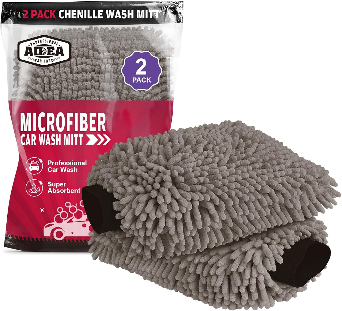 AIDEA Car Wash Mitt Microfiber-2Pack, Scratch-Free& Lint-Free, Premium Chenille Microfiber Wash