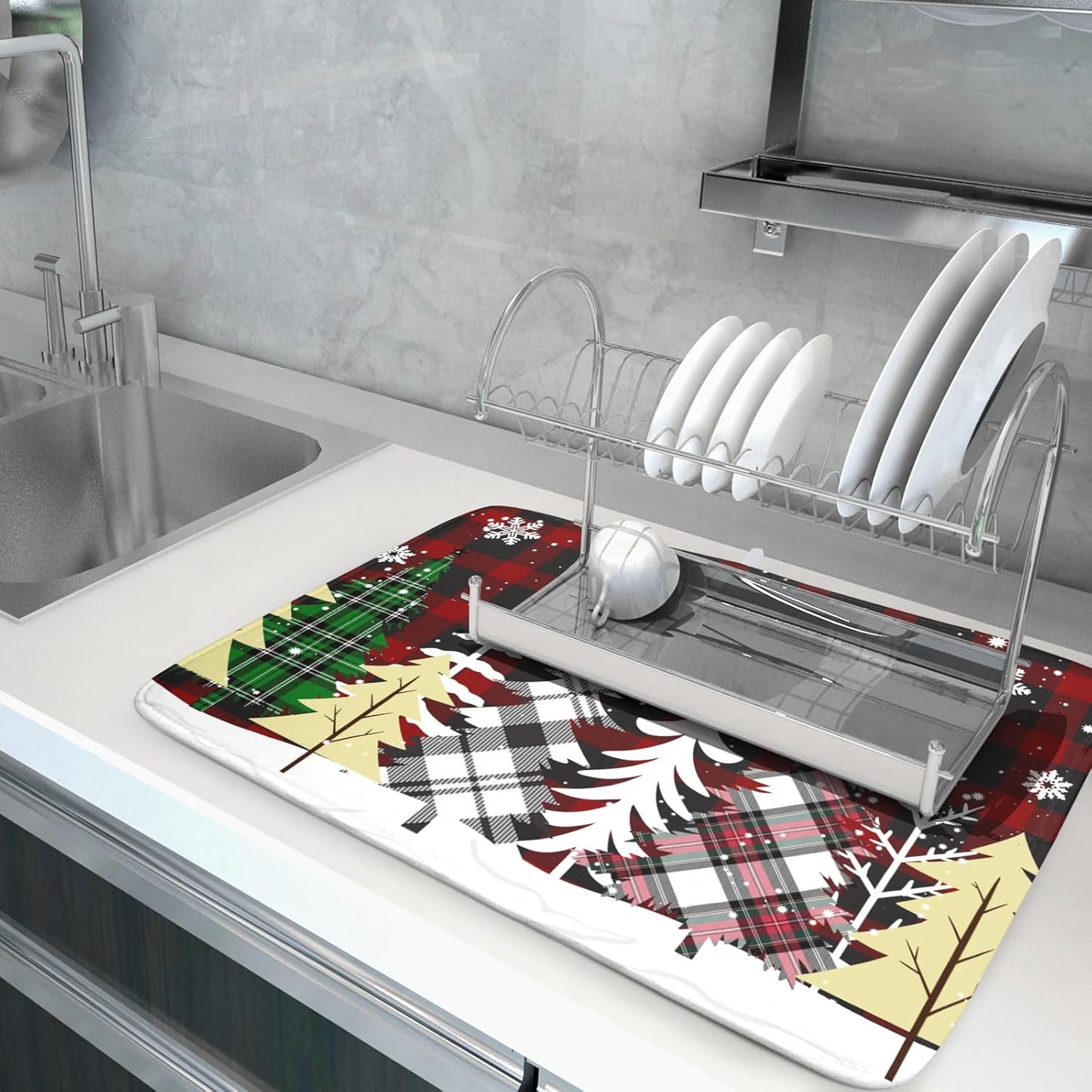 Christmas Dish Drying Mat for Kitchen Counter 16”x18” Christmas Tree Buffalo Plaid Dish Draining