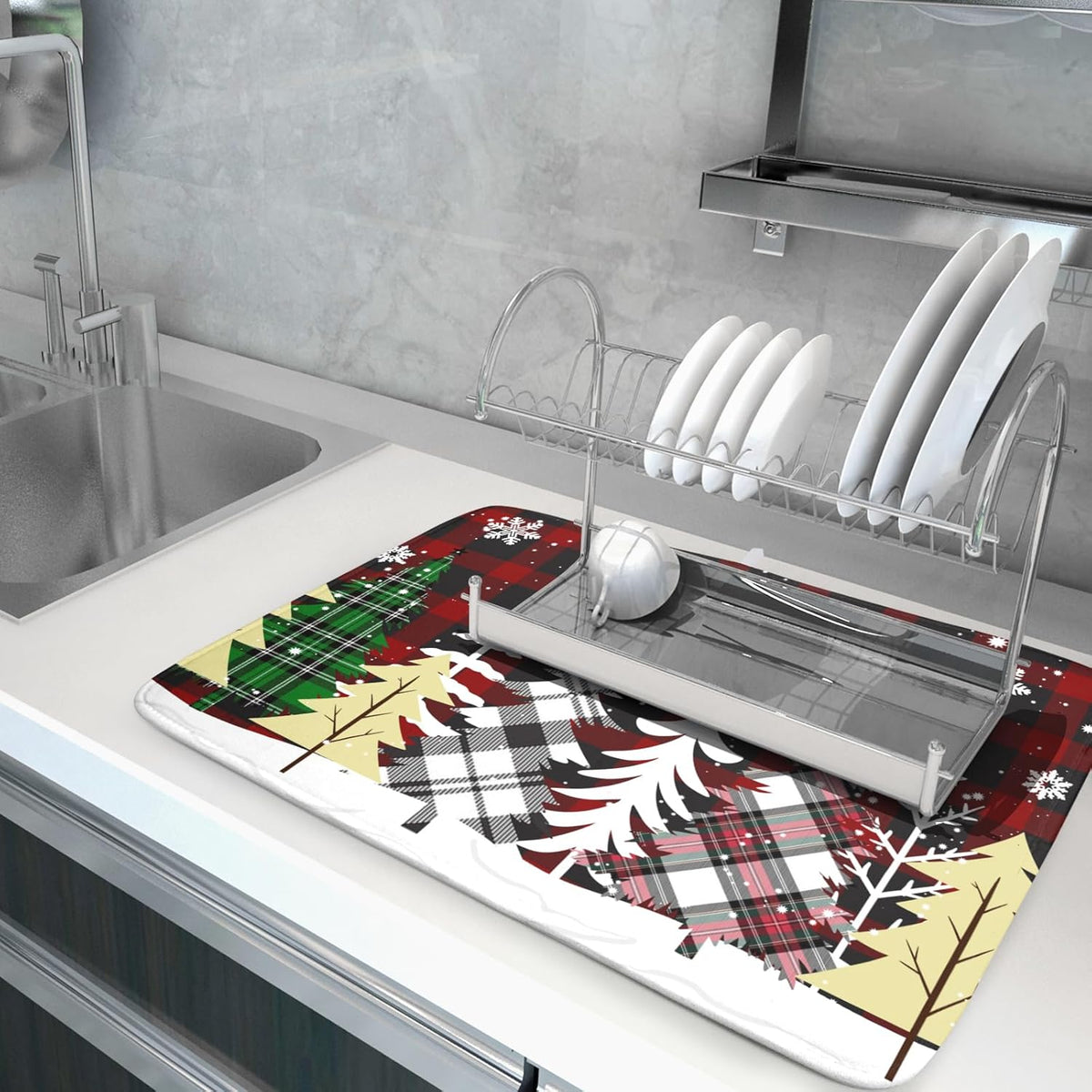 Merry Christmas Dish Drying Mat for Kitchen Counter 18x24 Inch Watercolor Buffalo Plaid Christmas