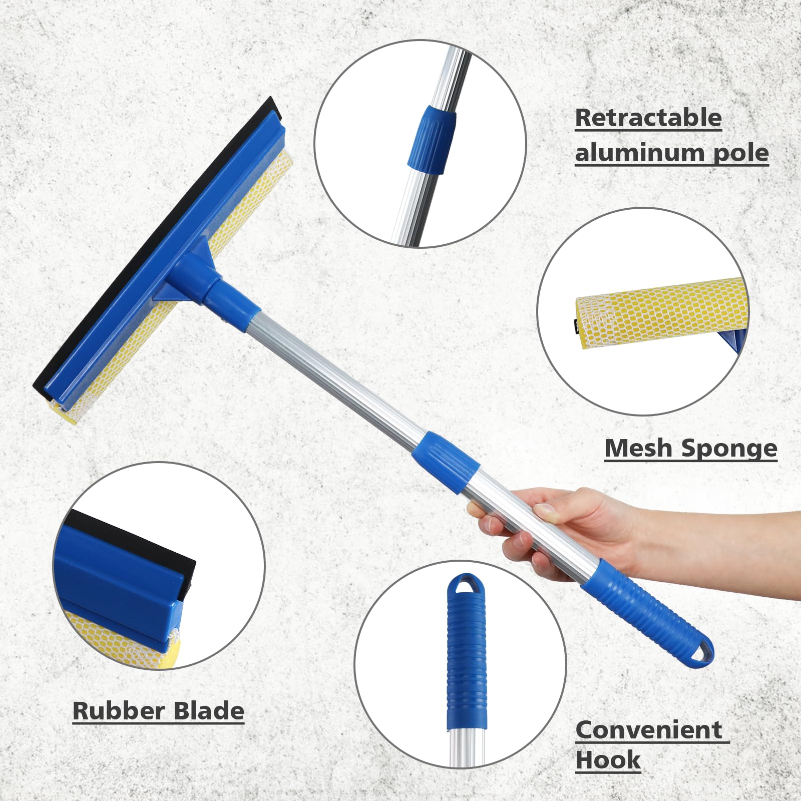 Professional Window Squeegee,2 in 1 Squeegee Window Cleaner with Long Stainless Steel Handle,Sponge