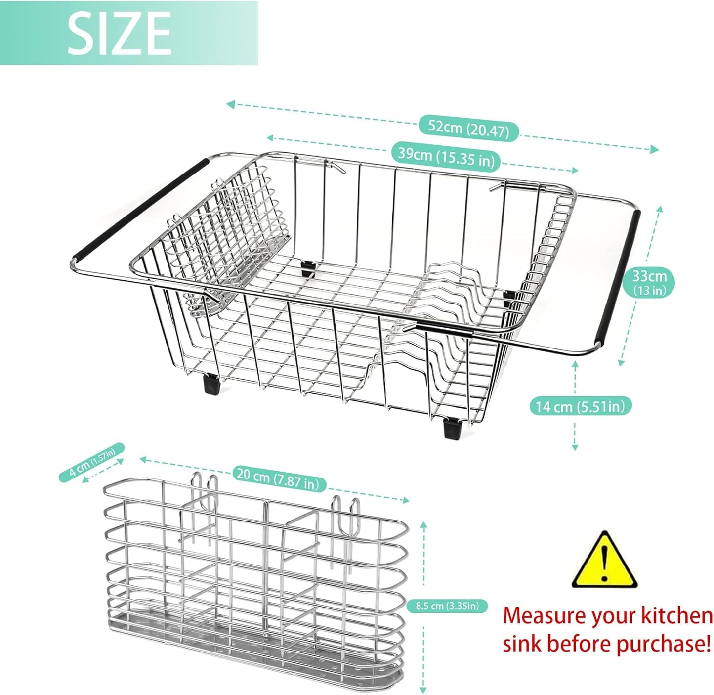 Sink Dish Drainer Rack, Expandable 304 Stainless Steel Dish Drying Rack Organizer with Stainless