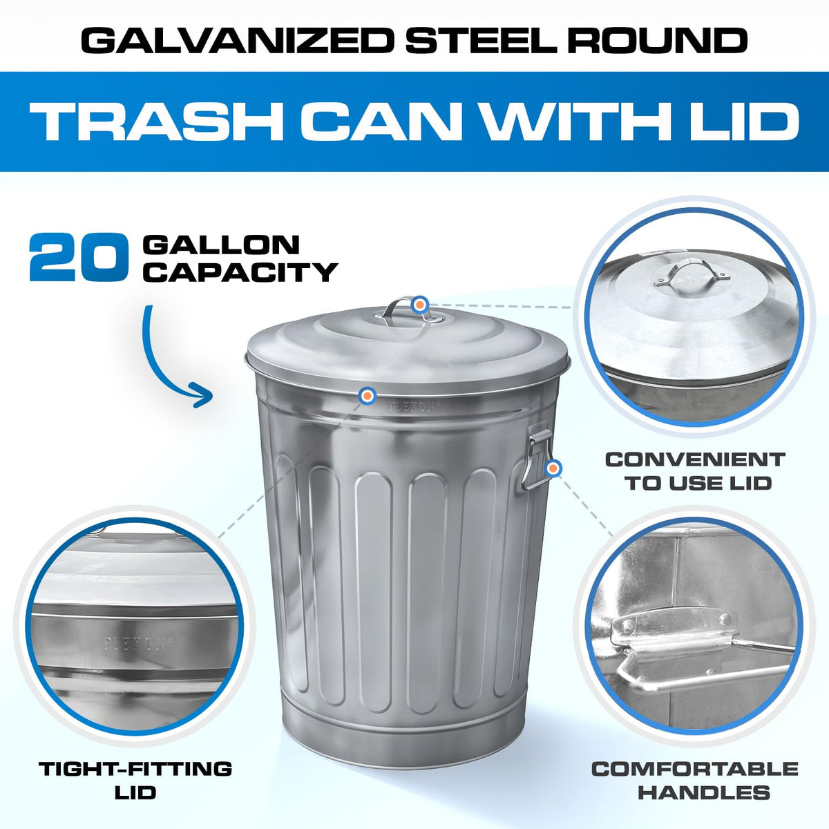 Plexon Round Trash Can 13 Gallon, Vintage Metal Outdoor Trash Can with Lid, Retro Farmhouse Garbage