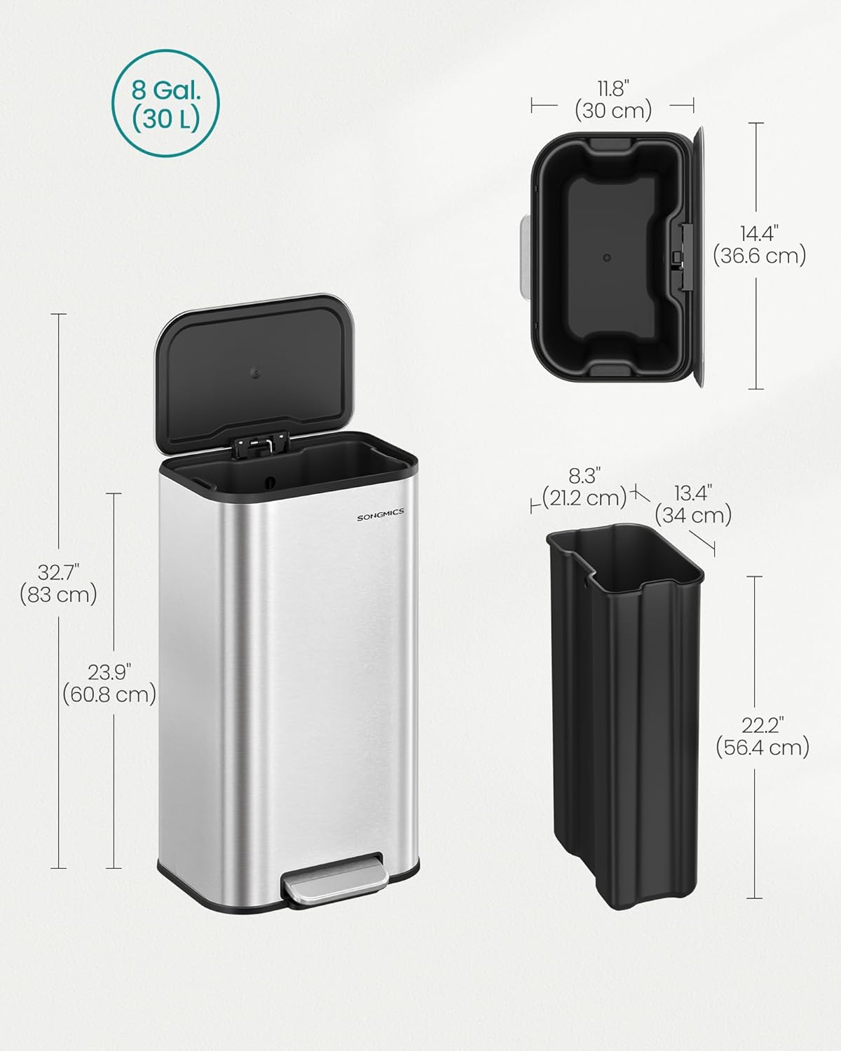 SONGMICS Kitchen Trash Can, 8-Gallon (30 L) Garbage Can with Lid, Stainless Steel, Soft Close and