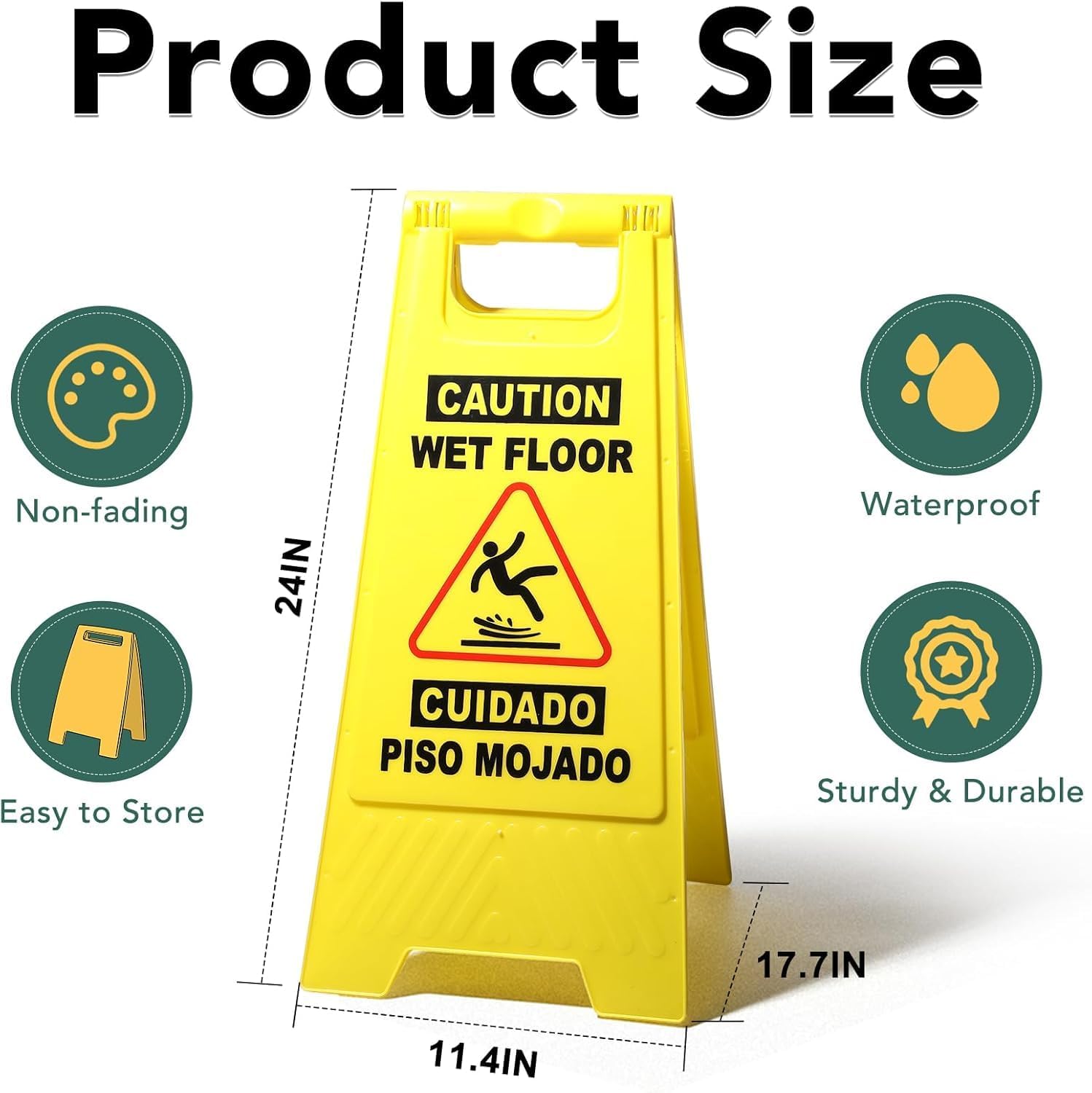 XPCARE 24 Inches Caution Wet Floor Sign,4PACK Yellow Bilingual Double-Sided Safety Warning Signs,A