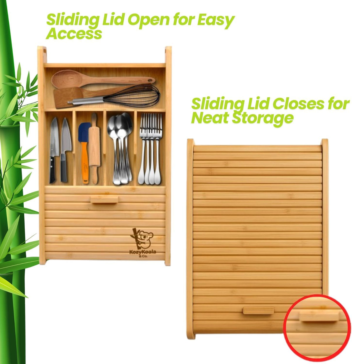KozyKoala & Co. Bamboo Drawer Organizer with Sliding Lid - 5 Slot Kitchen Drawer Organizer &