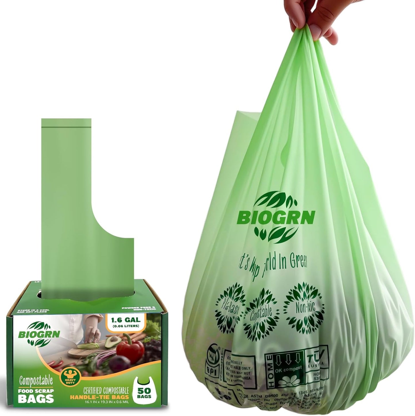 Compostable Trash Bags 1.2-1.6 Gallon Handle Tie 50 Count 0.6 Mil 6.06 Liter Small Compost Bags for