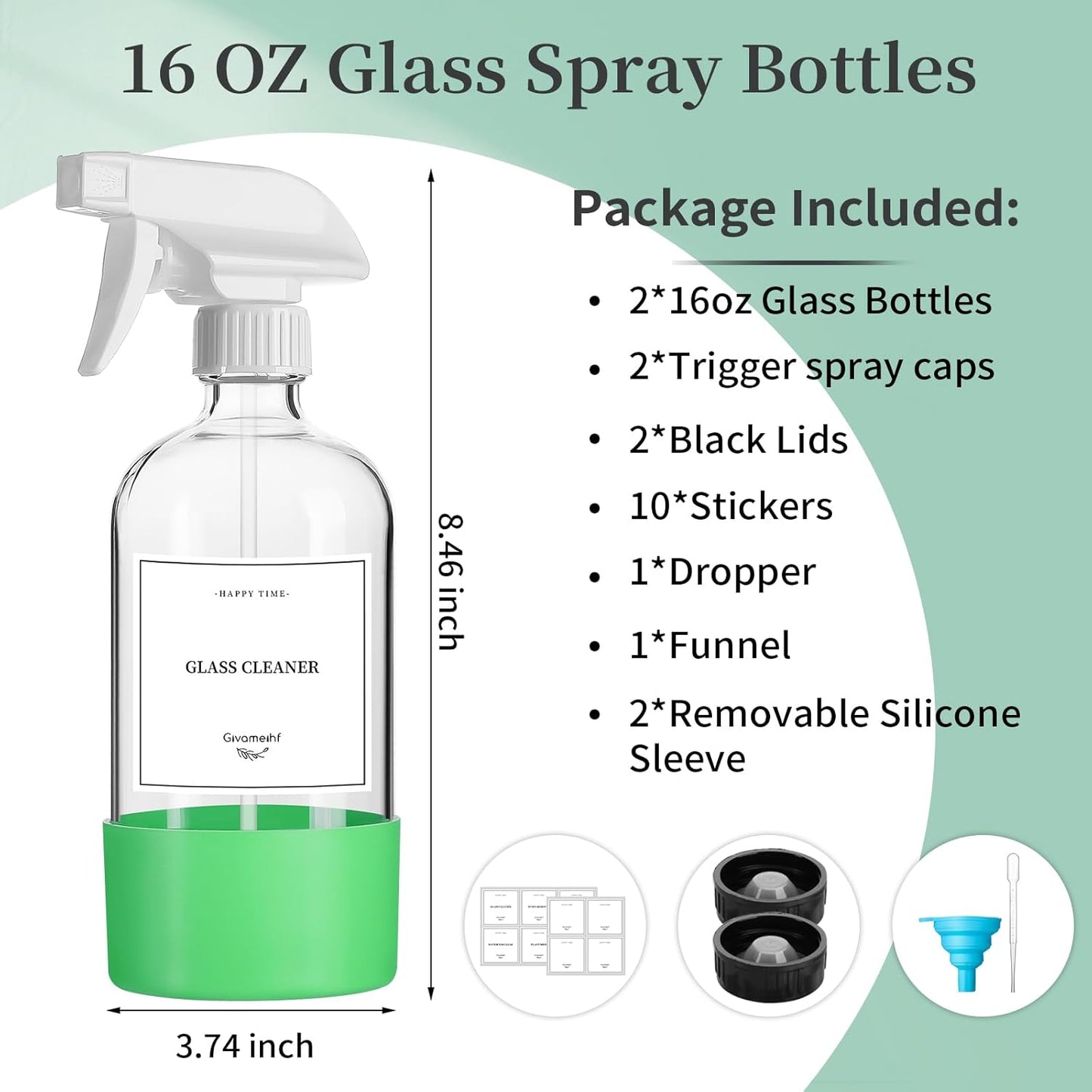 2 Pack Glass Spray Bottles with Silicone Sleeve,16oz Clear Glass Spray Bottles Refillable Empty