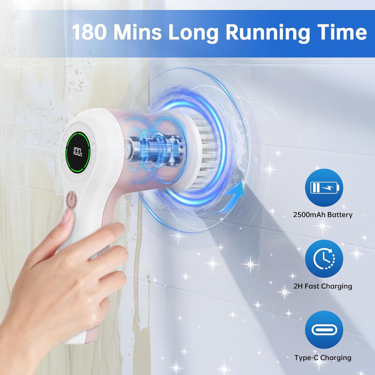 Electric Spin Scrubber, Cordless Shower Scrubber with Battery Level Display, 2 Speeds Electric
