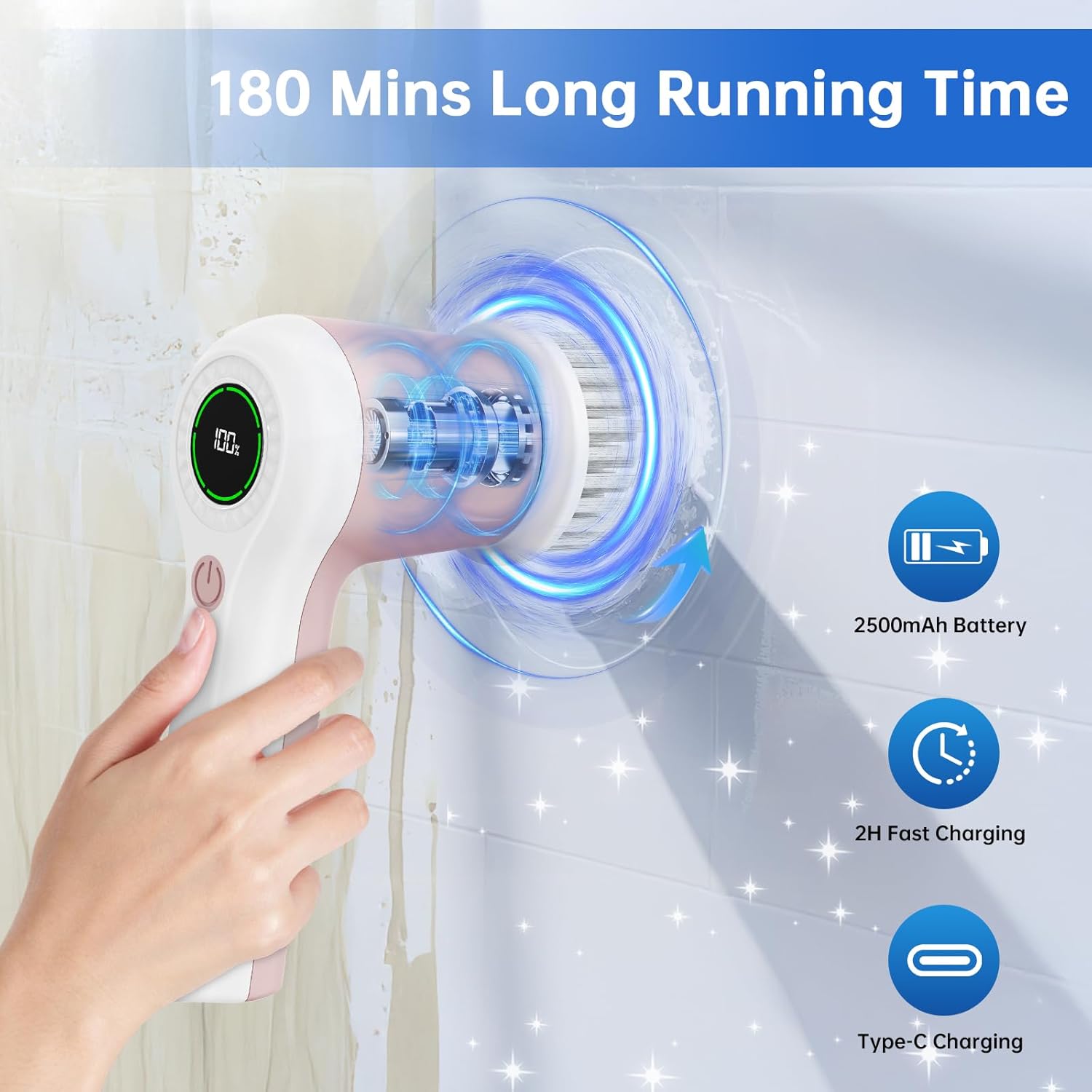 Electric Spin Scrubber, Cordless Shower Scrubber with Battery Level Display, 2 Speeds Electric