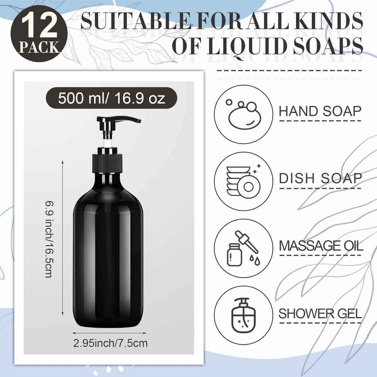 Tessco for you 12 Pack Black Soap Dispenser Empty Plastic Pump Bottles Dispenser Refillable Shampoo