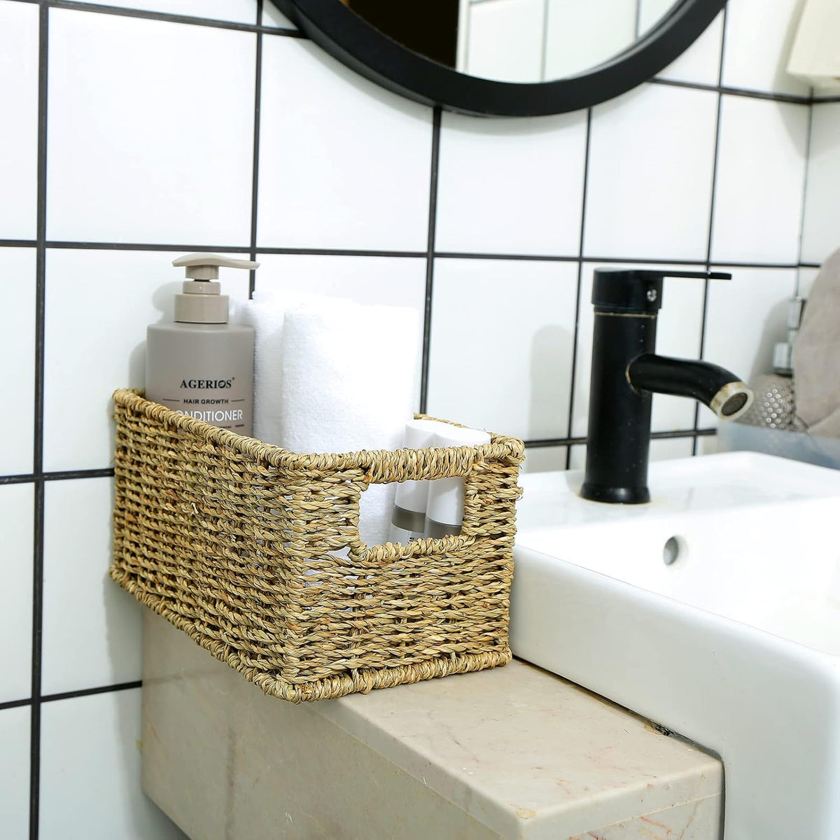 HOONEX Wicker Baskets for Storage, Seagrass Baskets with Dual Handles, Woven Baskets for Shelves