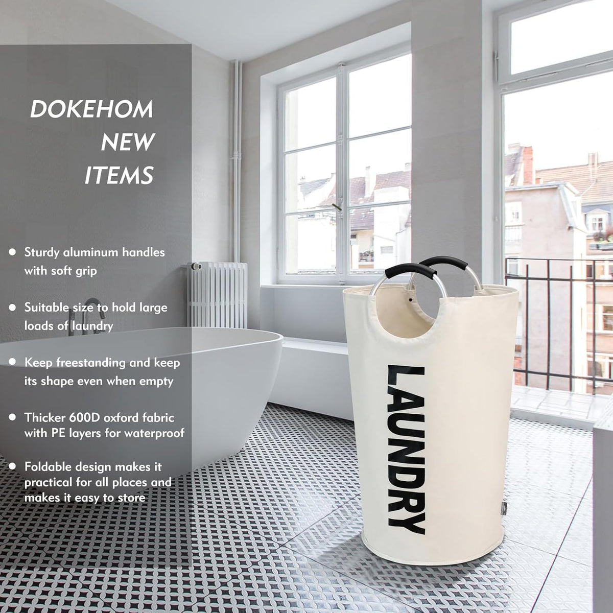 DOKEHOM 125L X-Large Laundry Basket, Collapsible Laundry Bag, Freestanding Tall Clothes Hamper
