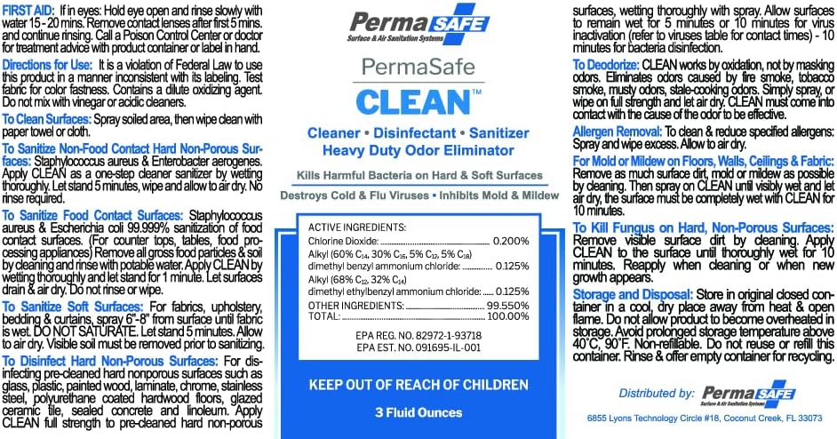 PermaSafe CLEAN, All-Purpose Hospital Disinfectant Cleaner; No Rinse, Hard, Soft & Food Contact