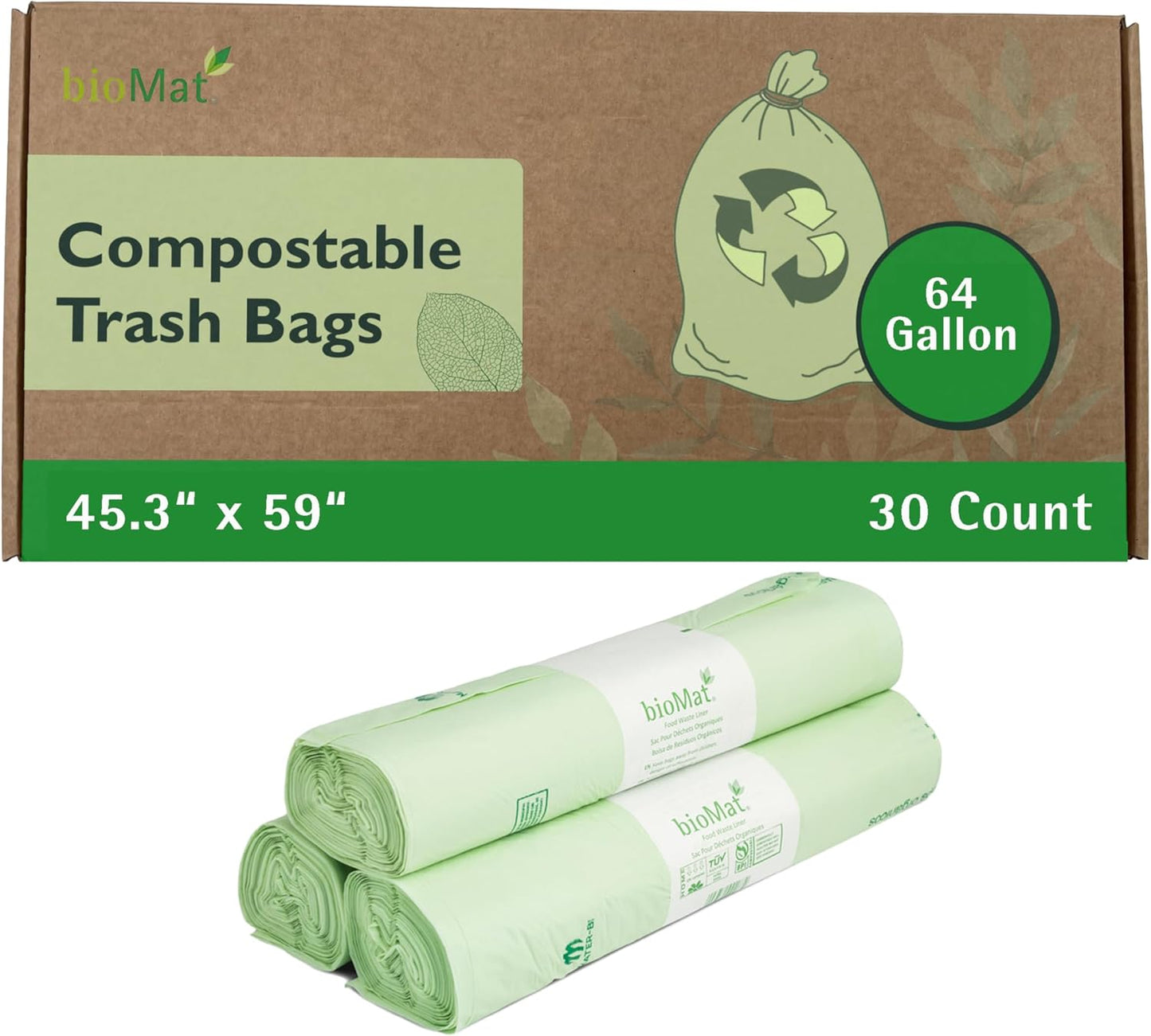 bioMat 64 Gallon Compostable Trash Bags Liners, 30 Count, BPI ASTM D6400 and CMA Certified, Compost