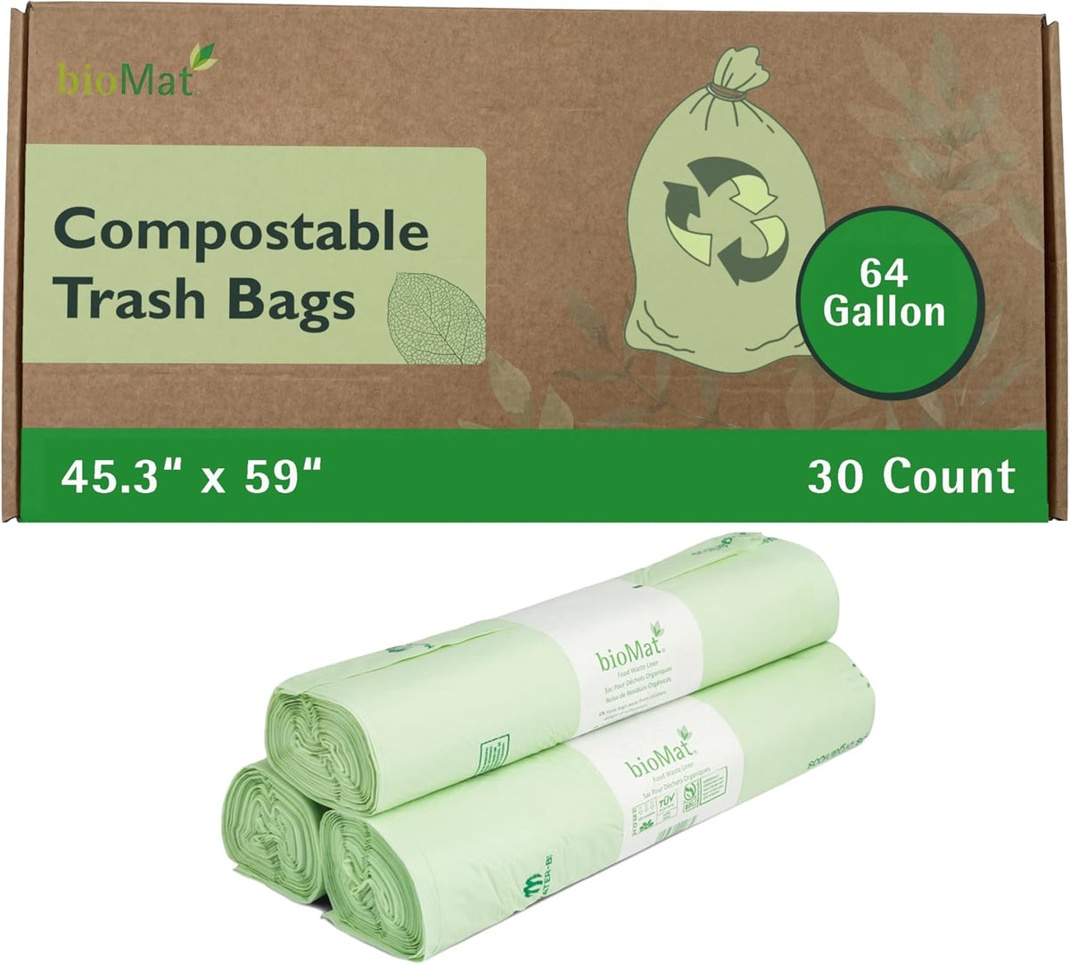 bioMat 64 Gallon Compostable Trash Bags Liners, 30 Count, BPI ASTM D6400 and CMA Certified, Compost
