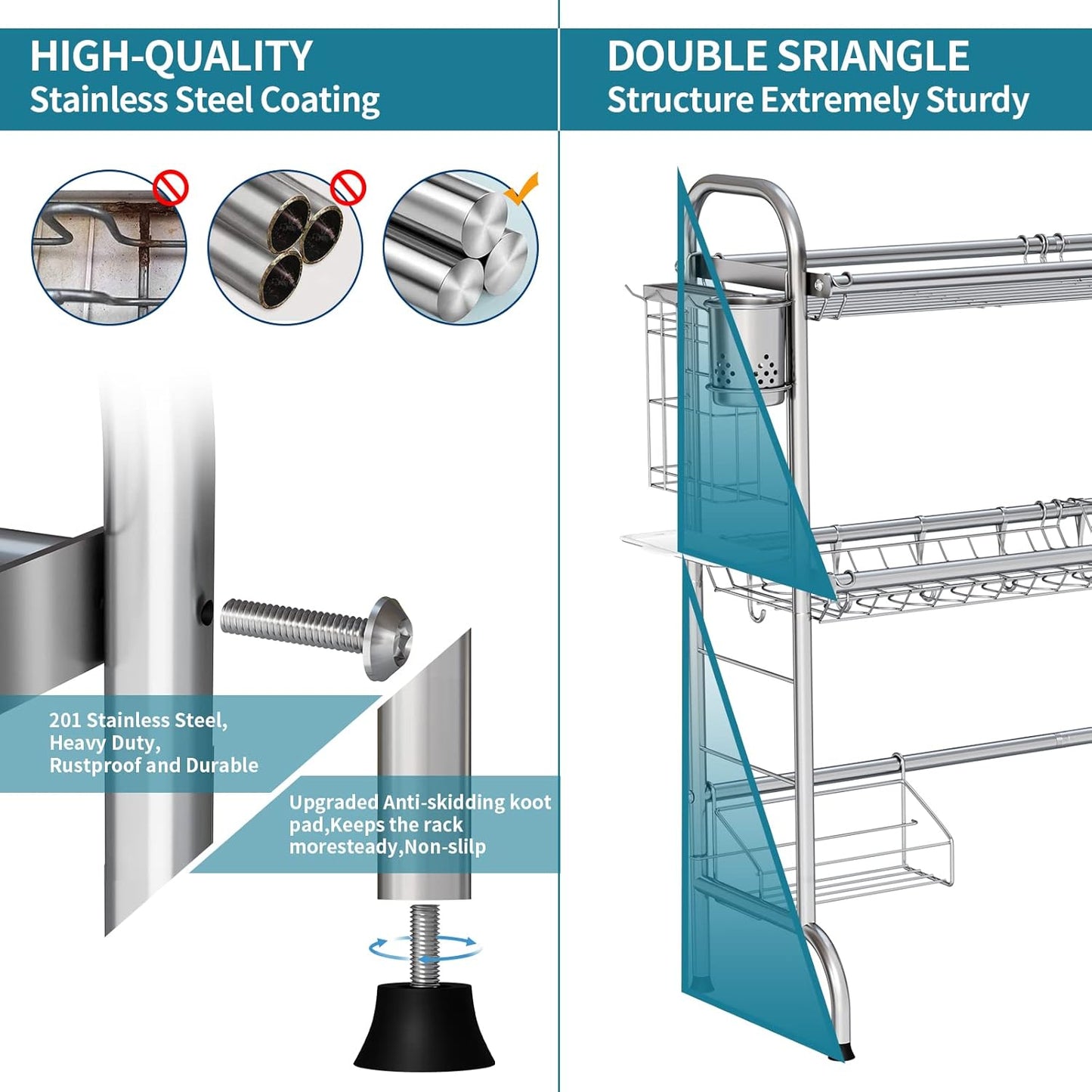 HOWDIA Stainless Steel 2-Tier Over The Sink Dish Drying Rack with Utensil Holder, Large, for