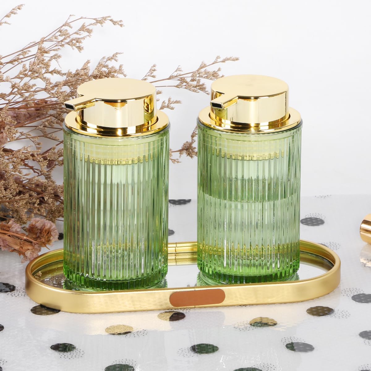 Green Foaming Soap Dispenser, 12 Oz Glass Foaming Hand Soap Dispenser with Gold Pump, Bathroom