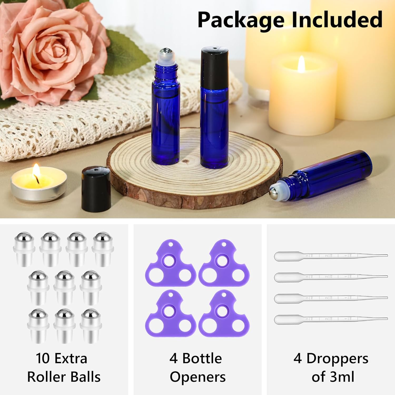 KEYWING 54 Pack Blue Essential Oil Roller Bottles – 10ml Glass Roll-On Bottles with Stainless Steel