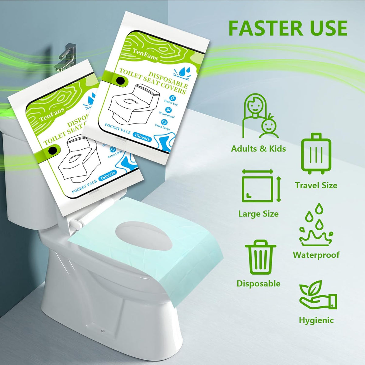 TenFans Toilet Seat Covers Disposable - 20 Count Individually Travel Pack - Sticker Free Faster Use
