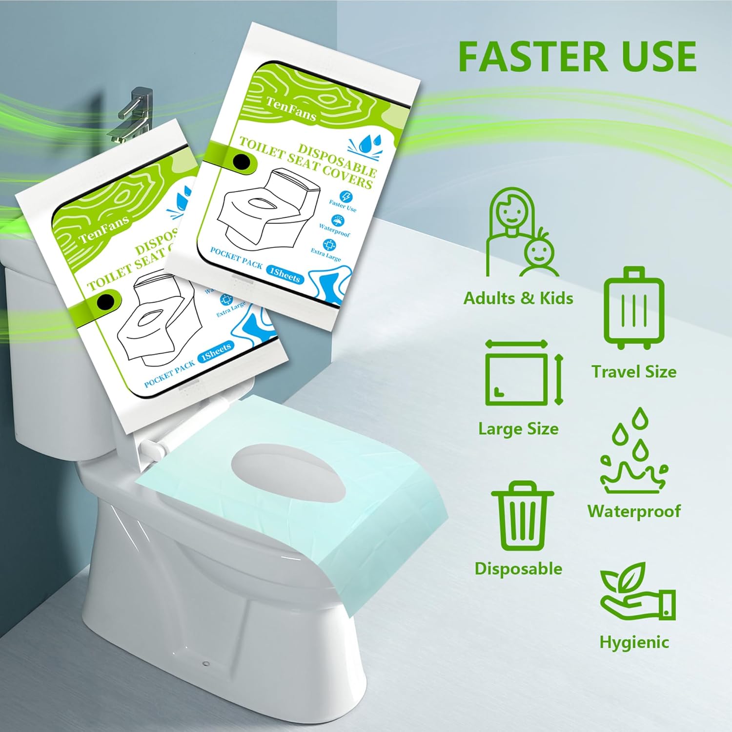 TenFans Toilet Seat Covers Disposable - 20 Count Individually Travel Pack - Sticker Free Faster Use