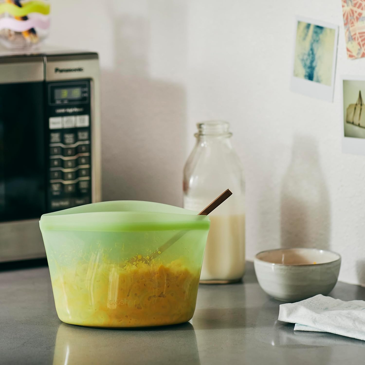 Stasher Premium Silicone Reusable Food Storage Bowl, Green, Microwave, Sous Vide, Dishwasher, Oven