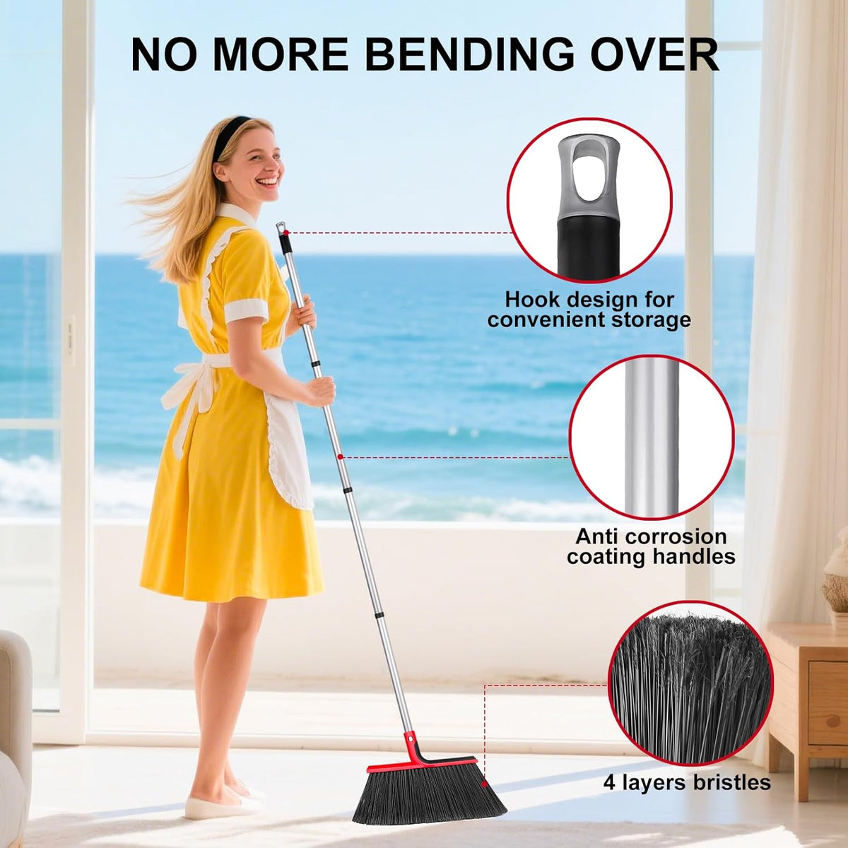 Angle Broom with 58″ Long Handle – 14″ Wide Stiff Bristles for Indoor & Outdoor Sweeping, Garage