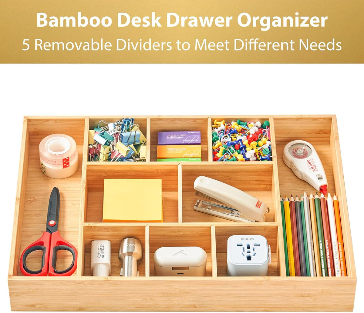 Umilife Extra Large Bamboo Desk Drawer Organizer, Wood Junk Organizer Tray with Adjustable