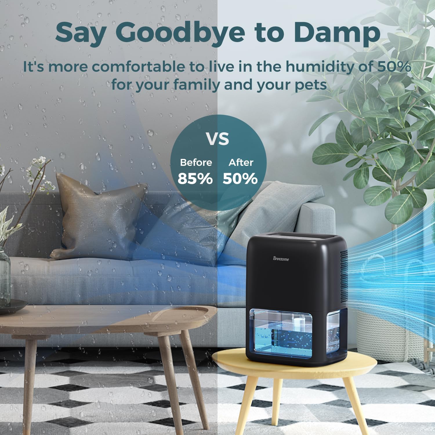 BREEZOME 60 OZ Dehumidifiers for Home, Dual-Semiconductor Quiet Dehumidifier with Timer Auto-Off