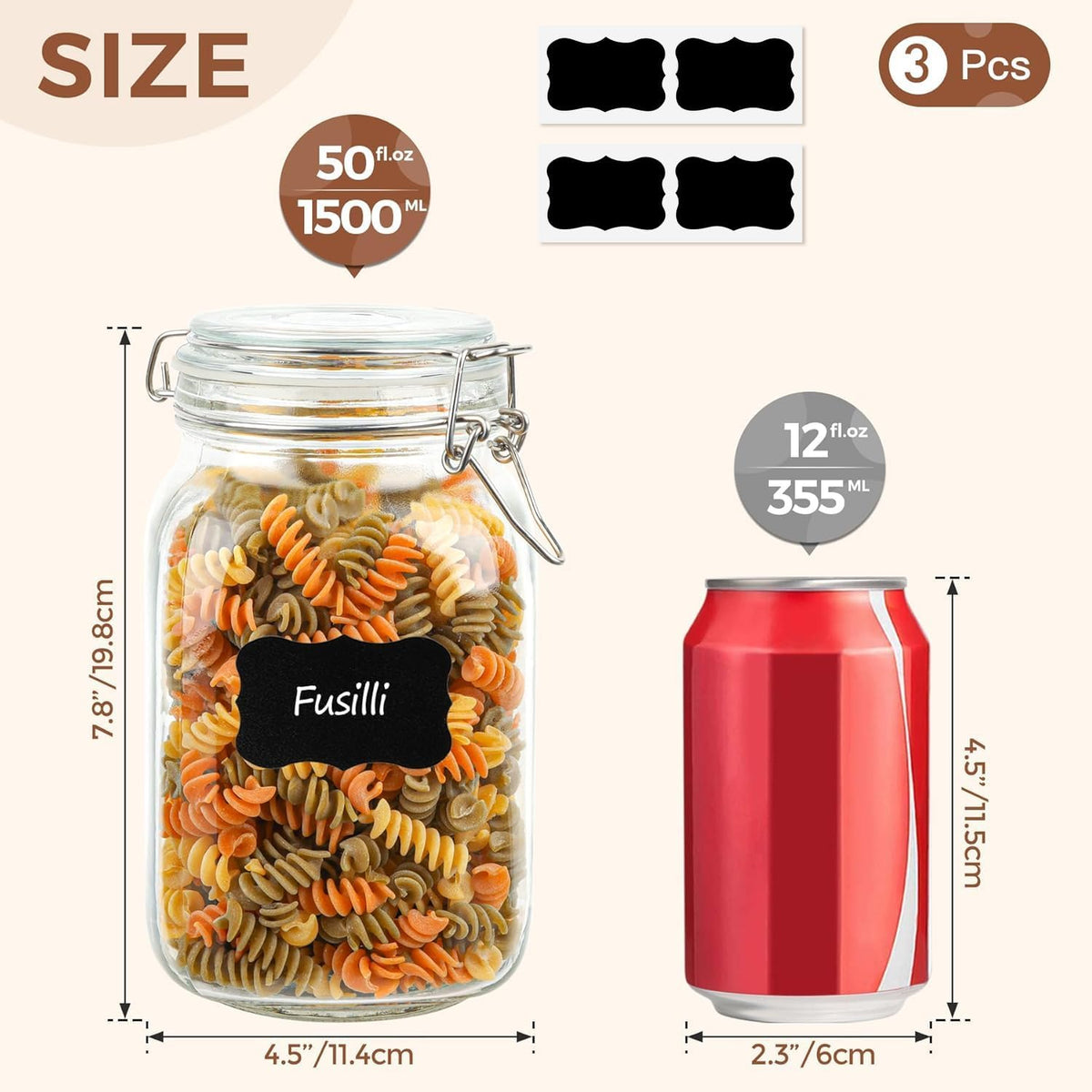 ComSaf Airtight Glass Canister Set of 3 with Lids 50oz Clear Food Storage Jars Square, Kitchen &