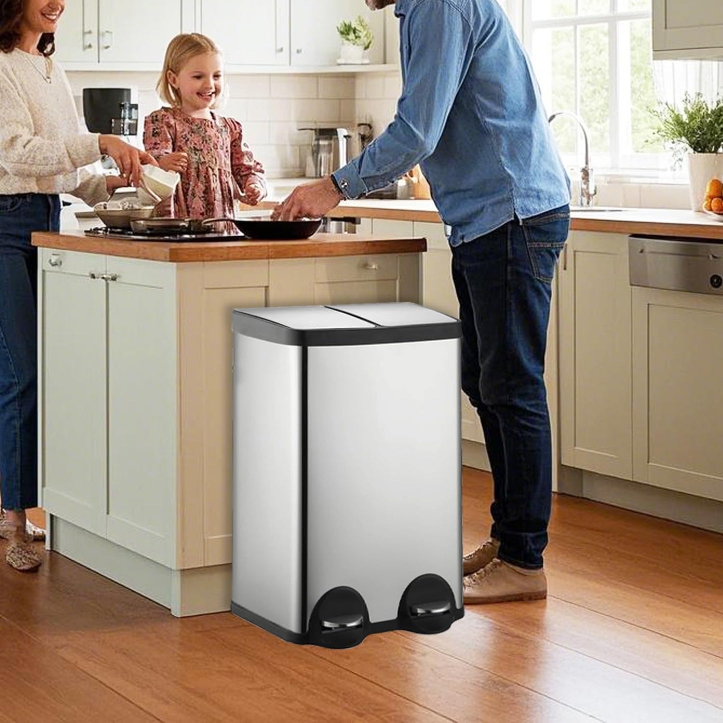 60 Liter (2x30L) 16 Gallon Dual Trash Can, Recycle Bins for Kitchen with 2 Compartments, Trash and