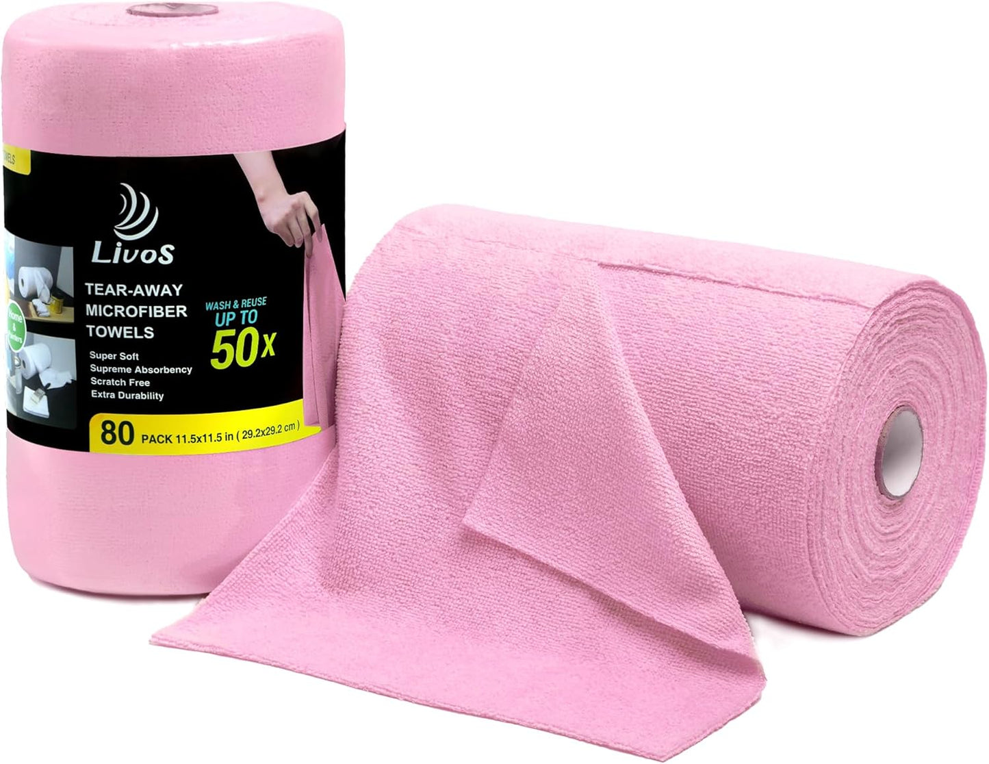 LIVOS Microfiber Cleaning Cloth Roll - 80 Pack, Reusable Paper Towels Pink Tear Away, Microfiber