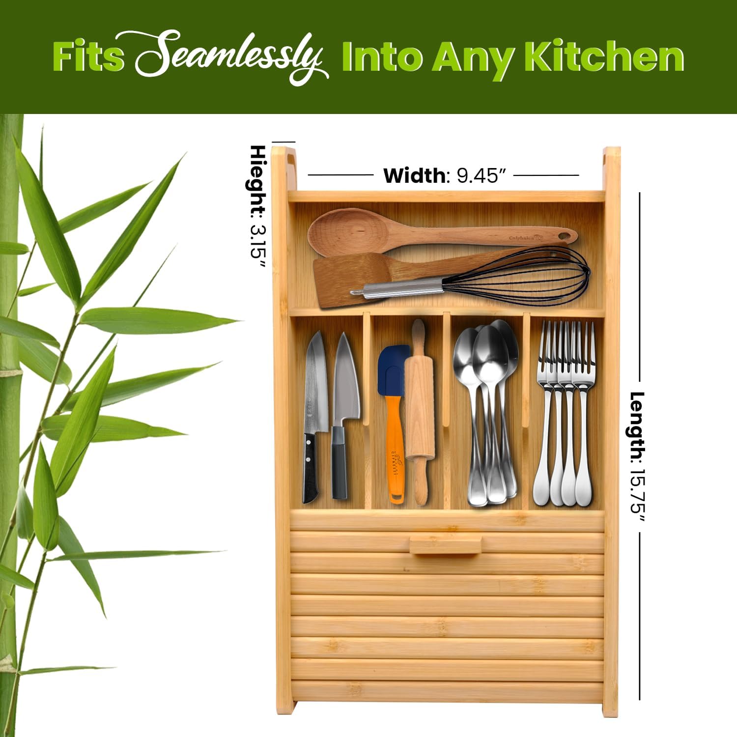 KozyKoala & Co. Bamboo Drawer Organizer with Sliding Lid - 5 Slot Kitchen Drawer Organizer &