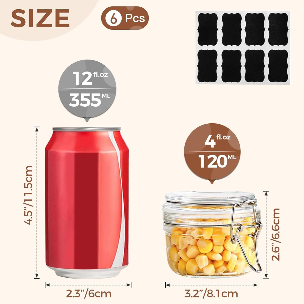 ComSaf 4oz Small Airtight Glass Jars Set of 6 with Lids Food Storage Jar Round, Mason Jar, Mini