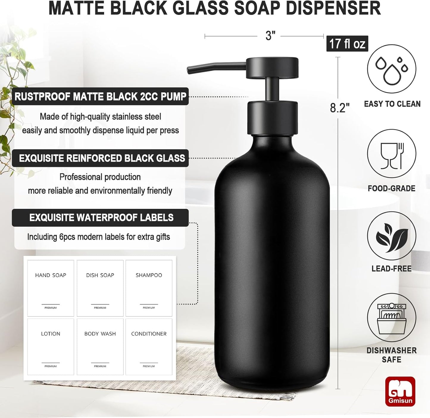 GMISUN Black Soap Dispenser, 2 Pack Matte Black Hand Soap Dispensers for Bathroom, 17 Fl Oz Glass