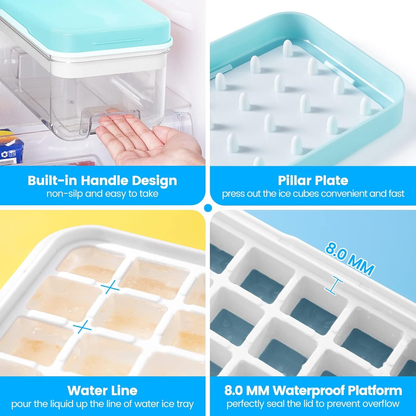 PHINOX Ice Cube Tray with Lid and Bin, 3 Pack Plastic Ice Cube Tray Molds, 96(4 * 8 * 3) pcs Ice