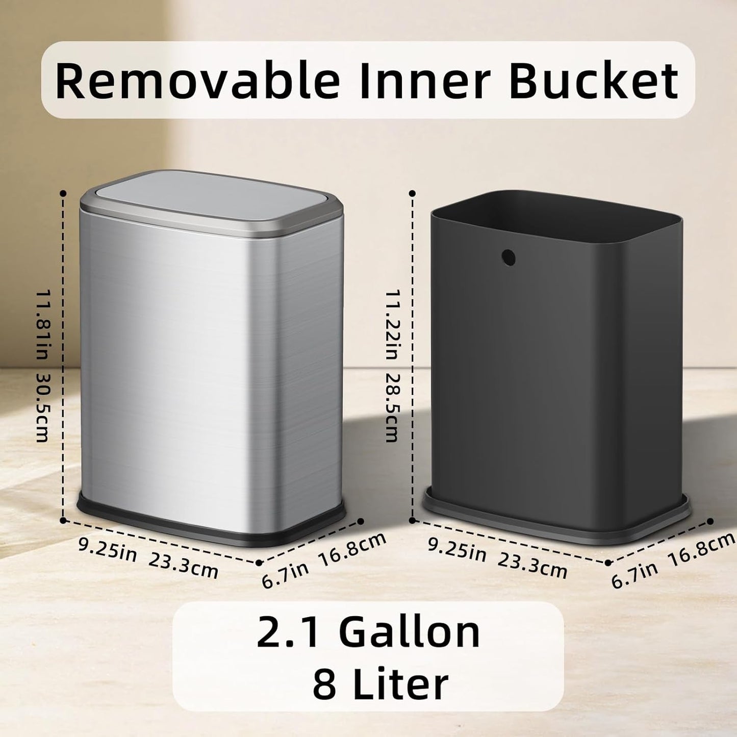 8L/2.1 Gal Small Bathroom Trash Can with Lid, Swing-Top Rectangular Waste Bin, Stainless Steel
