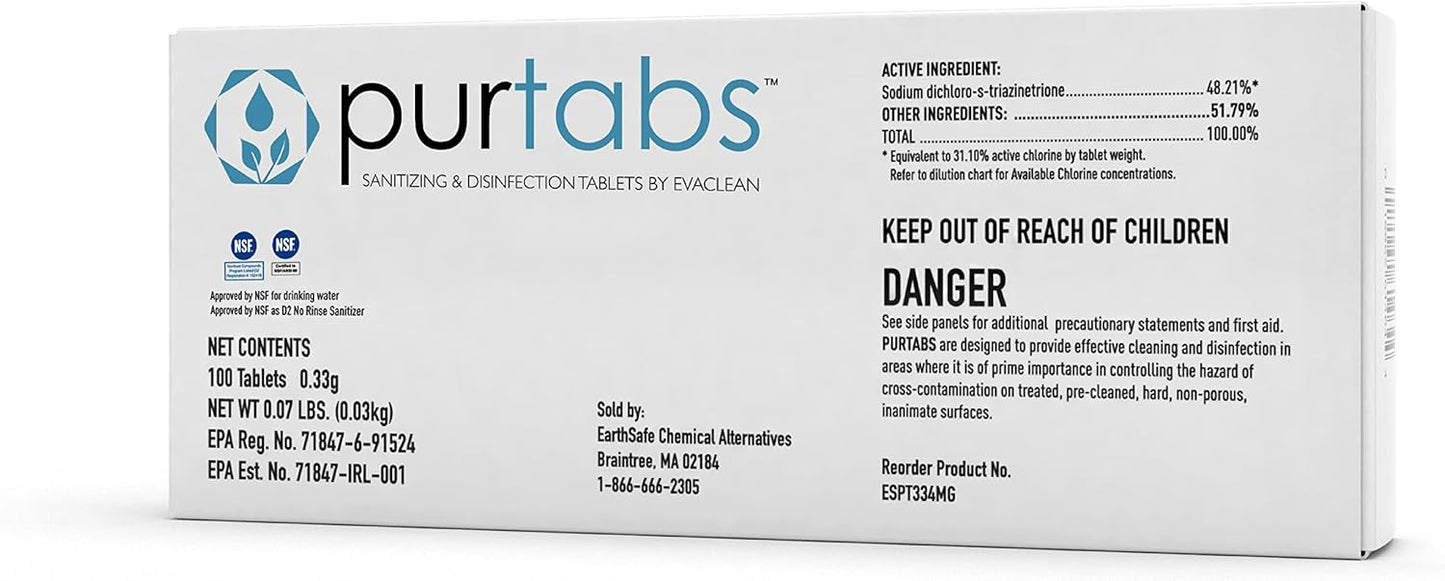 334mg Sanitizer Tablets, NSF D2 Certified, Food Safe, 99.9% Virus & Bacteria Kill, Hypochlorous
