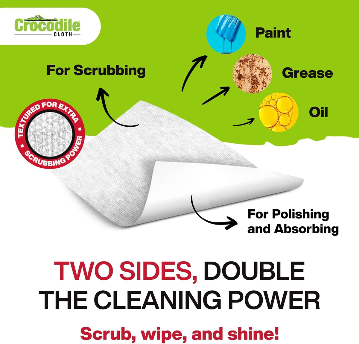 Crocodile Cloth PowerSCRUB Cleaning Wipes – 80 (15" x 10") Dual-Surface Cloths, Heavy-Duty, Moist