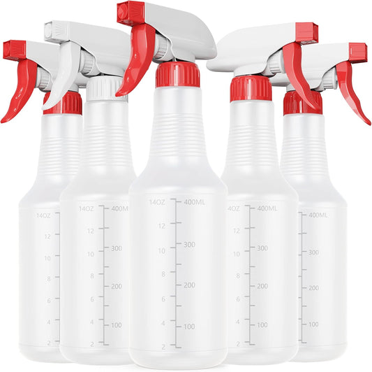 Veco Spray Bottle (5 Pack,16 Oz) with Measurements and Adjustable Nozzle(Mist & Stream Mode), HDPE