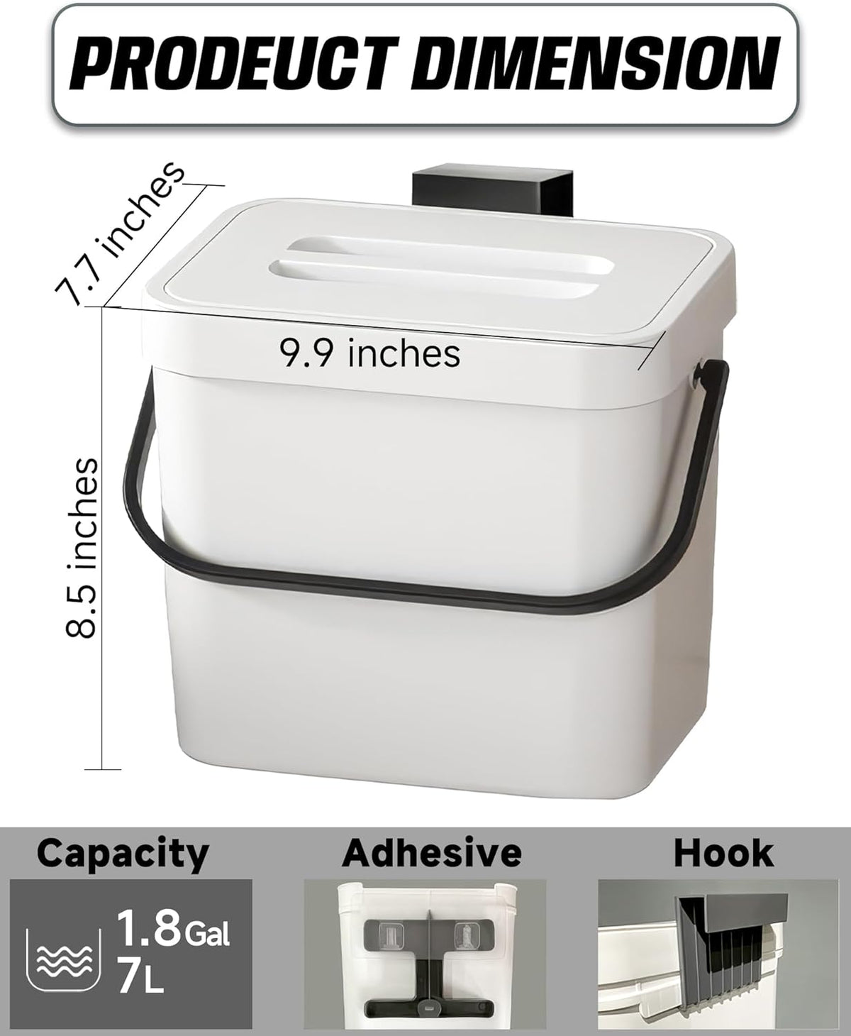 Kitchen Compost Bin - 1.8 Gallons Hanging Trash Can with Lid for Kitchen Cabinet Door, Under Sink
