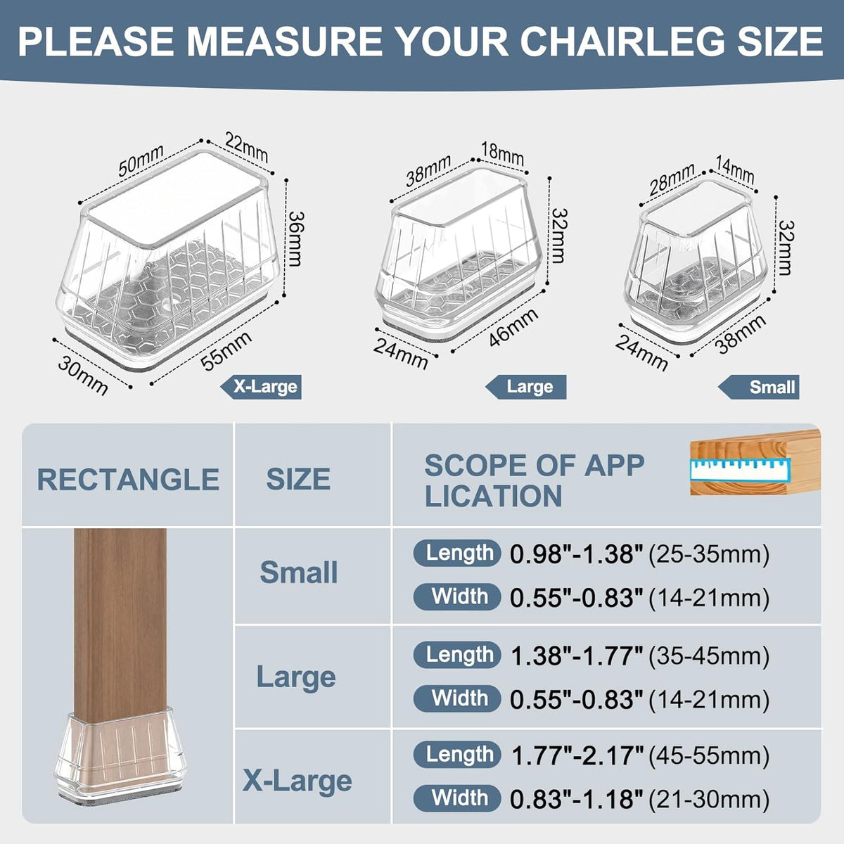 24PCS Rectangular Chair Leg Floor Protectors for Hardwood Floors, Thicken Rubber Chair Leg Cap