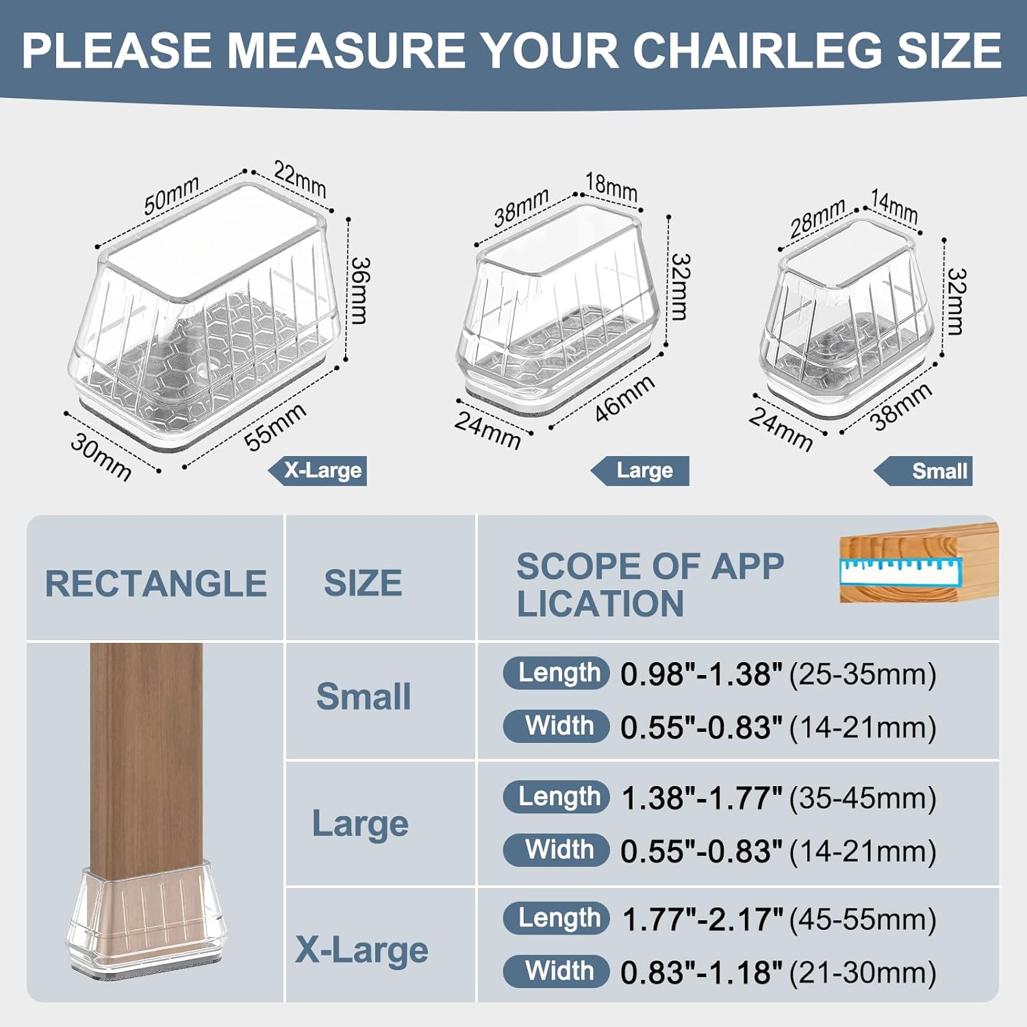 24PCS Rectangular Chair Leg Floor Protectors for Hardwood Floors, Thicken Rubber Chair Leg Cap