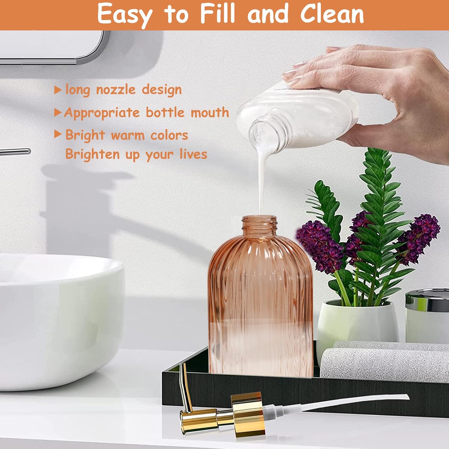 Glass Soap Dispenser with Gold Plastic Pump, 13.5oz Refillable Liquid Hand Soap Dispenser, Crystal