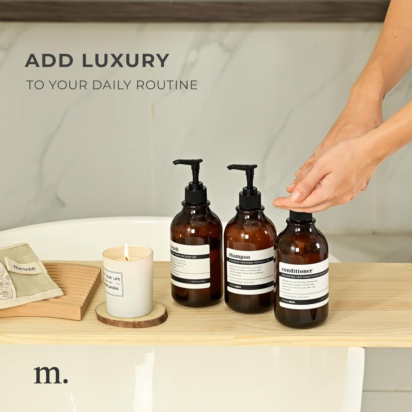 MaisoNovo Refillable Shampoo and Conditioner Bottles | 16.9 fl oz Set of 3 Amber Plastic Bottles