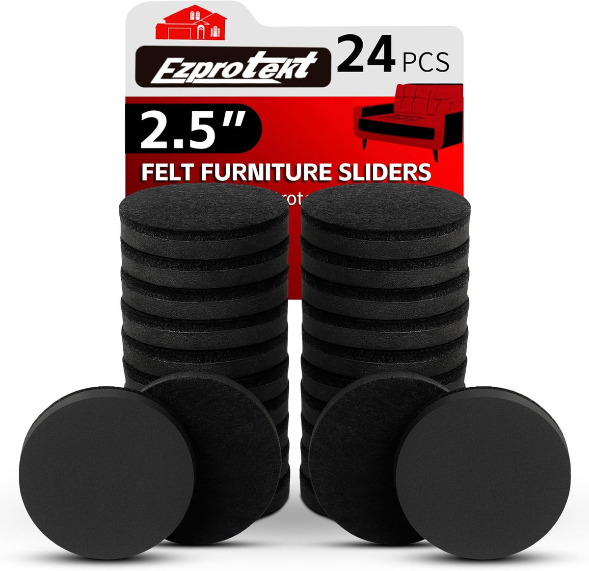 Ezprotekt 2.5" Felt Furniture Movers Sliders for Hardwood Floors, 24 Pcs Reusable Round Felt
