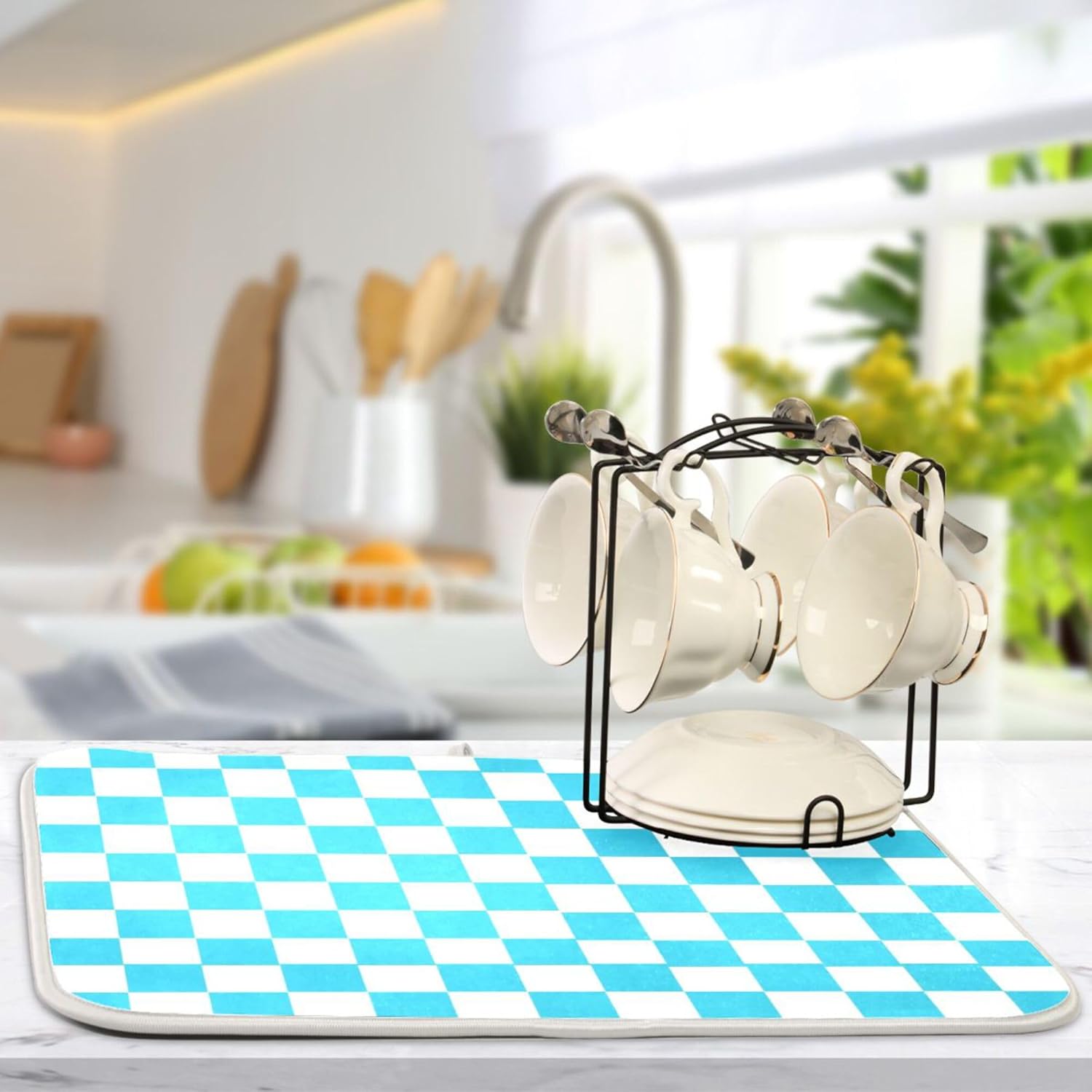 Turquoise Chessboard Dish Drying Mat for Kitchen Countertop 16x18 Teal Plaid Checkered Rectangle