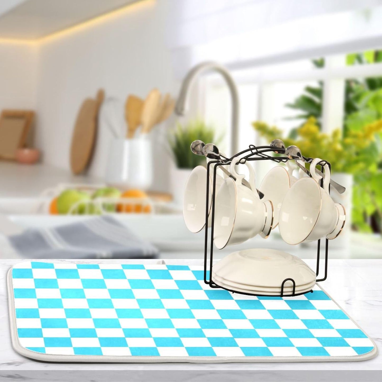Turquoise Chessboard Dish Drying Mat for Kitchen Countertop 18x24 Teal Plaid Checkered Rectangle