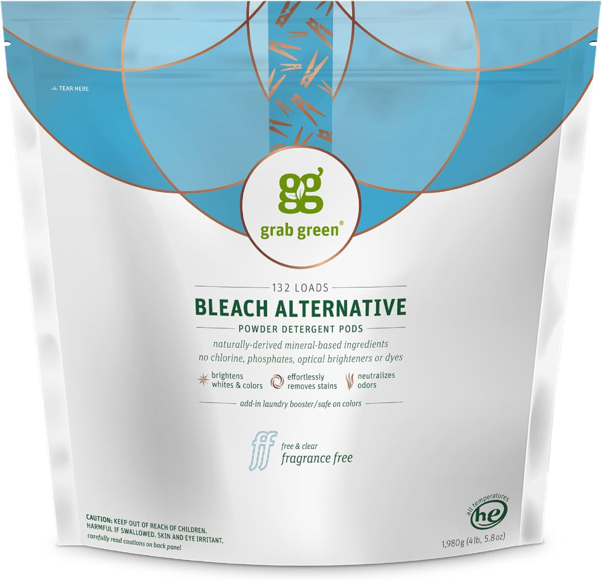 Grab Green Bleach Alternative Pods, 132 Count, Chlorine Free, Fragrance Free, Plant and Mineral