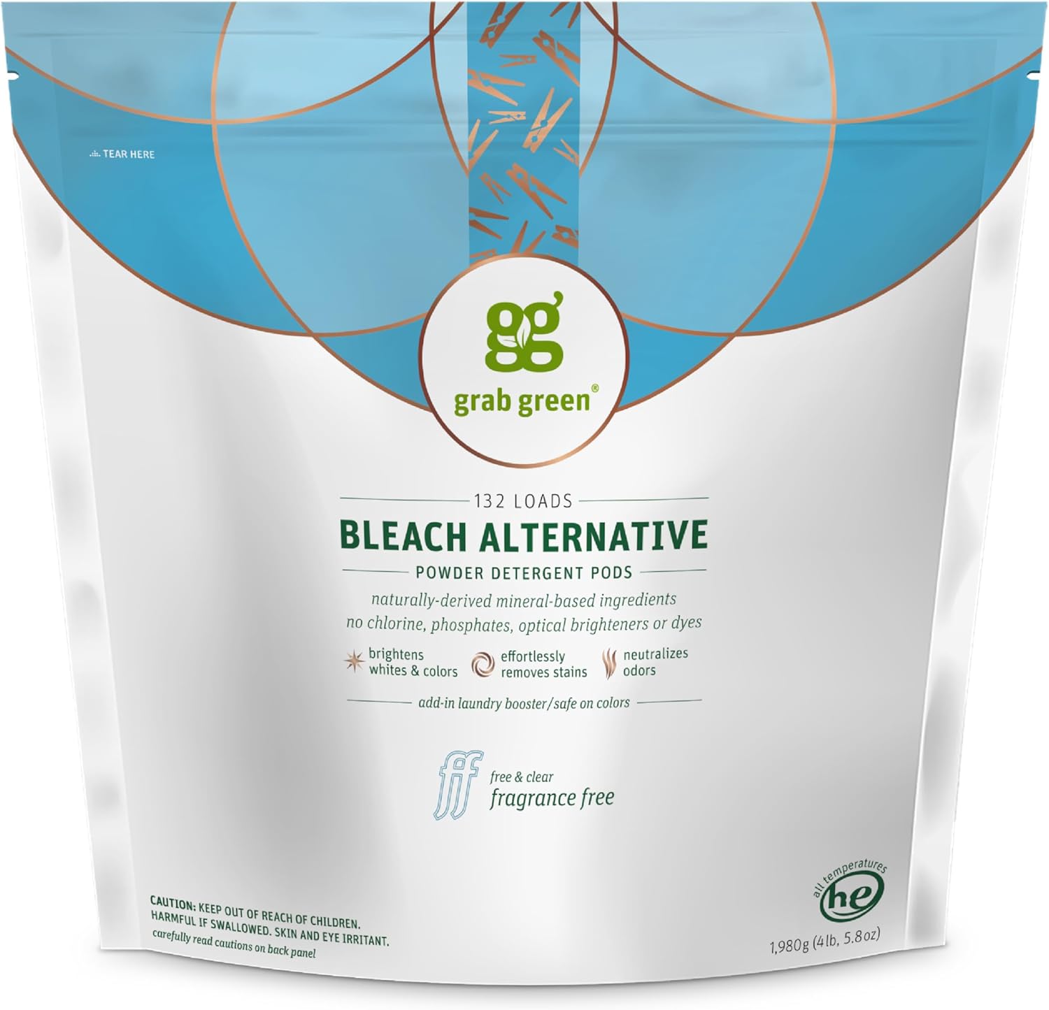 Grab Green Bleach Alternative Pods, 132 Count, Chlorine Free, Fragrance Free, Plant and Mineral