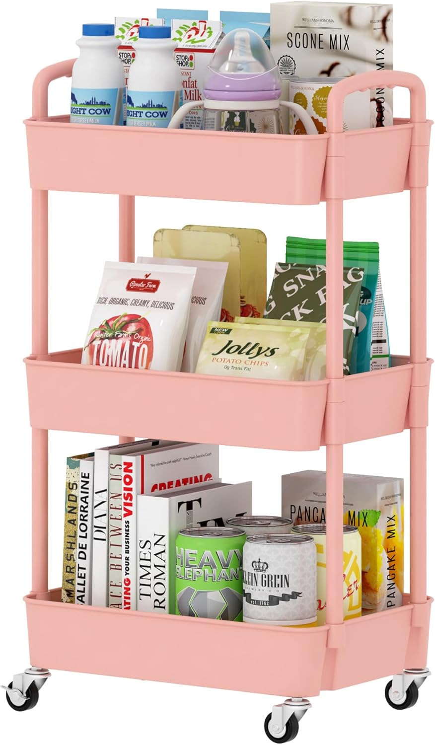 Sywhitta 3-Tier Plastic Rolling Utility Cart with Handle, Multi-Functional Storage Trolley for